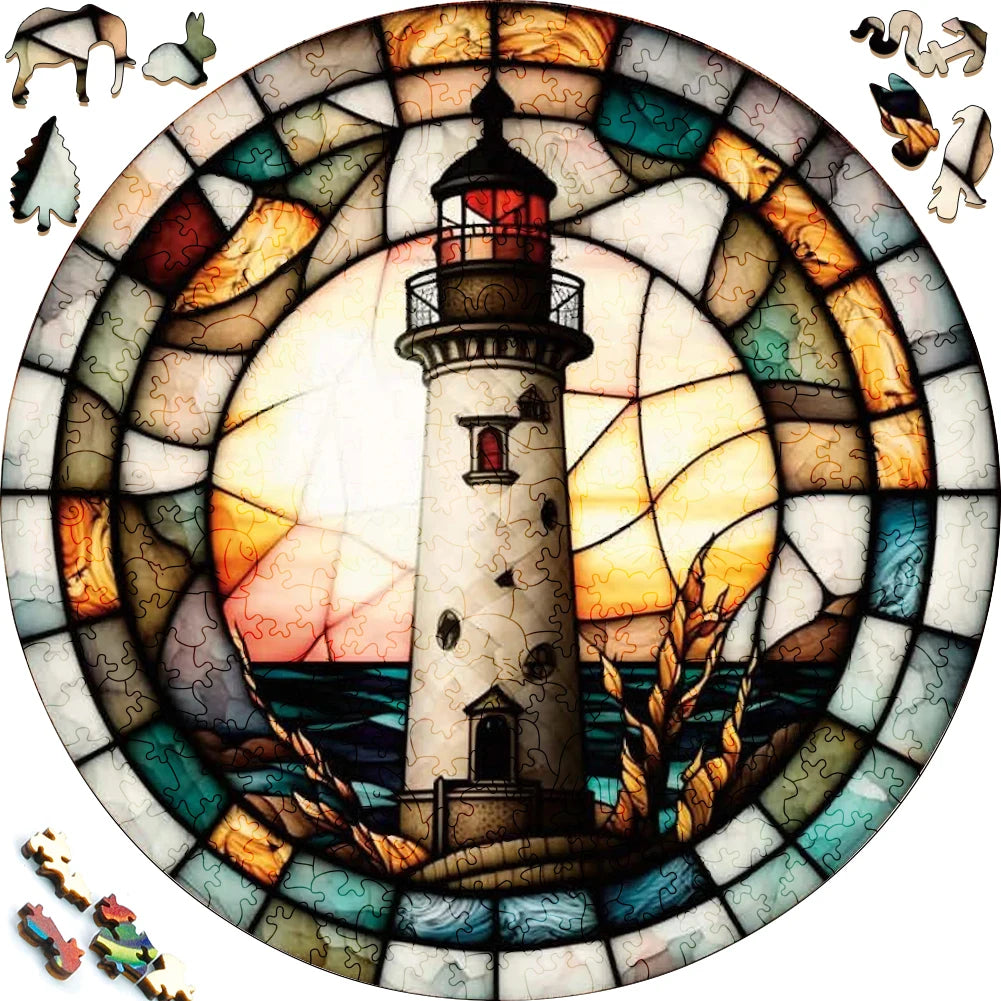 A jigsaw puzzle depicting a coastal lighthouse scene with a lighthouse against a sunset background.