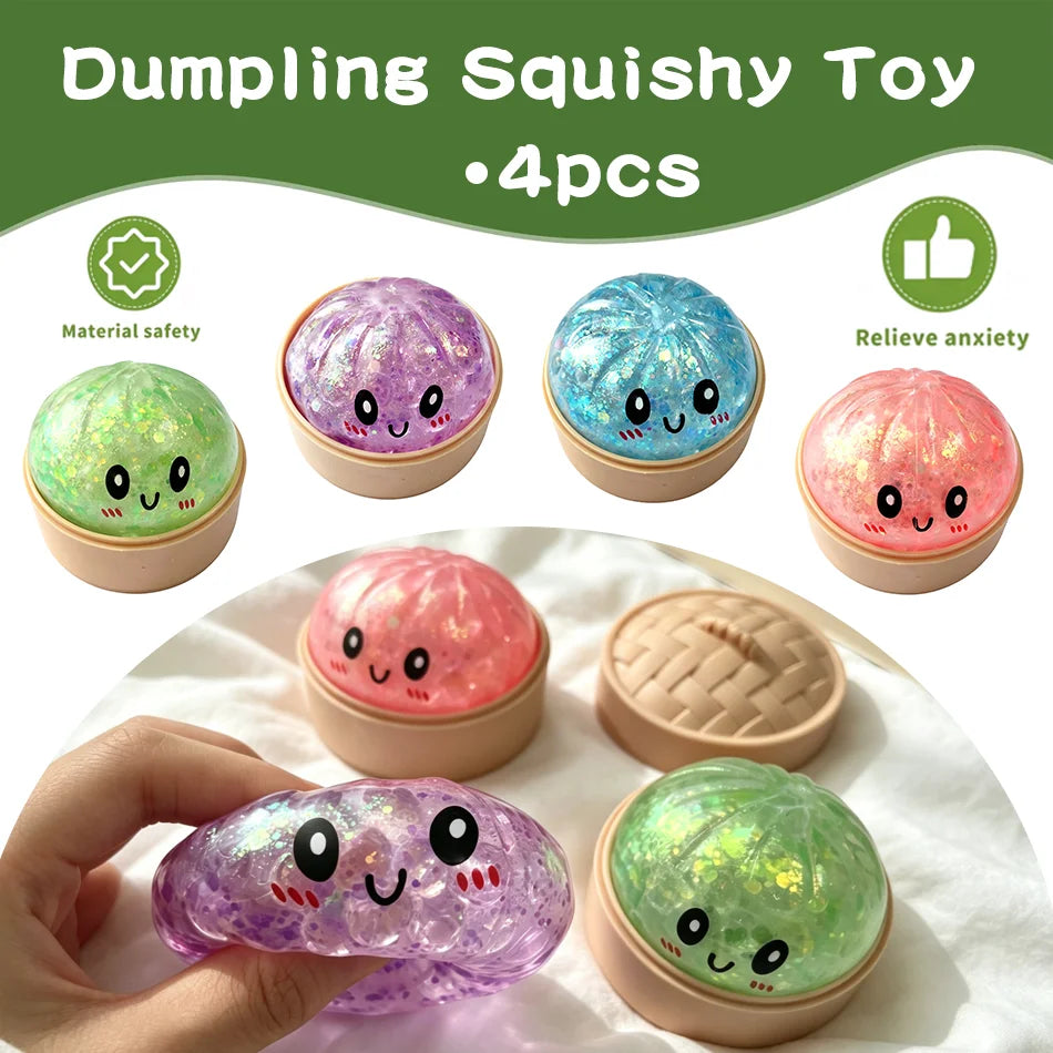 Four pieces of glitter sensory squishy toys in various colors and shapes are shown on a white surface.