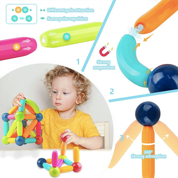 A set of colorful magnetic construction blocks and tools demonstrating different pole attraction and repulsion.