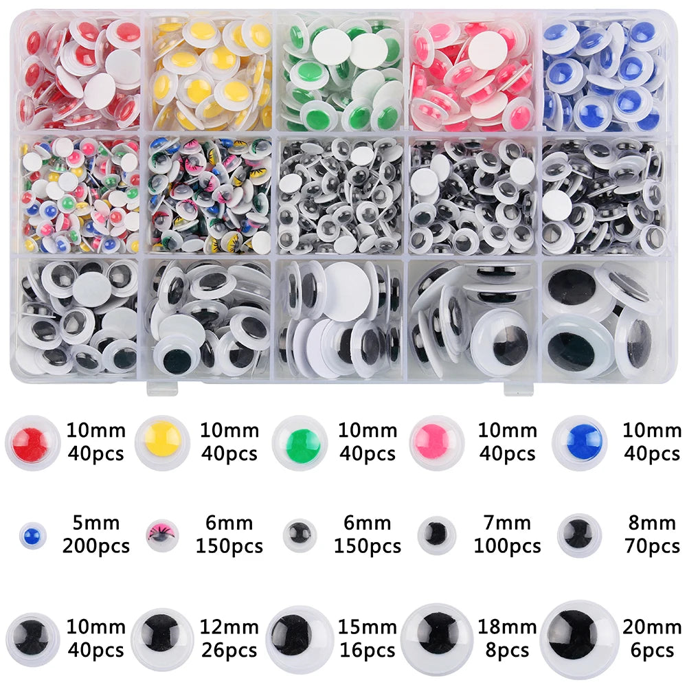 Assortment of self-adhesive googly eyes in various sizes, colors, and quantities for DIY crafts.