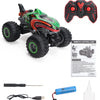 All-Terrain RC Monster Truck with spray action featuring a green and black body, large tires, and a remote control.