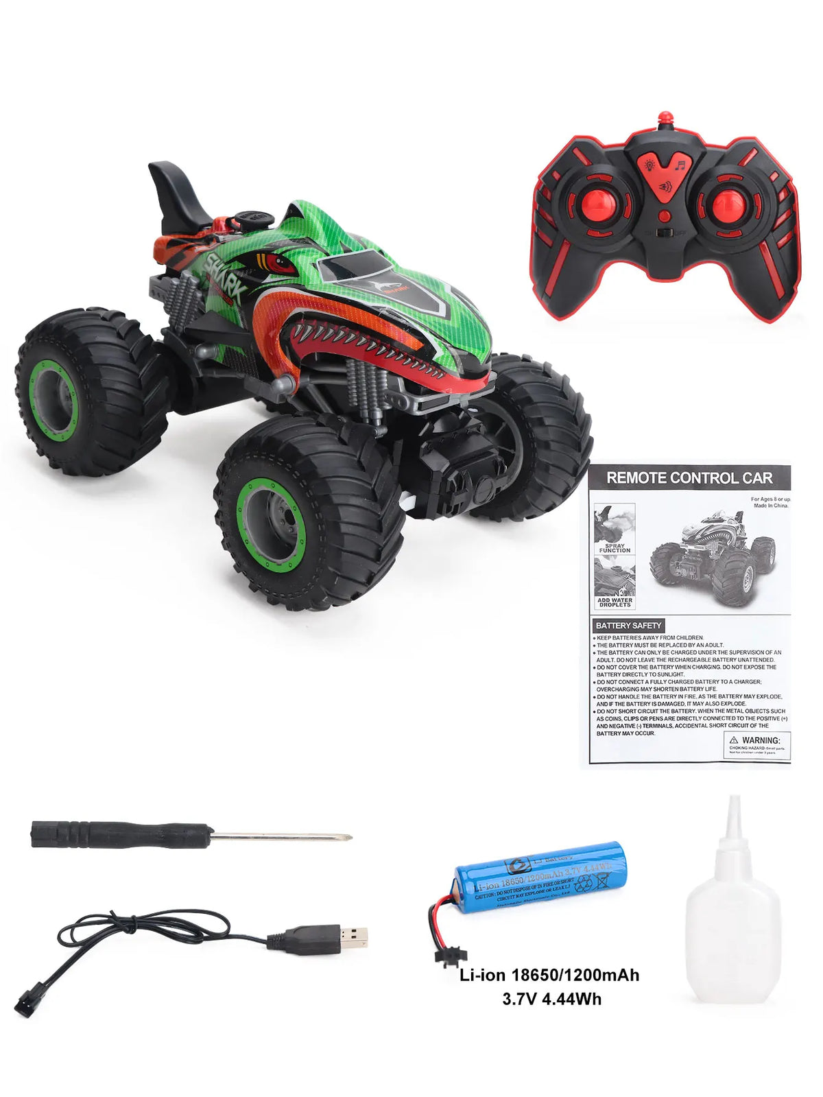 All-Terrain RC Monster Truck with spray action featuring a green and black body, large tires, and a remote control.