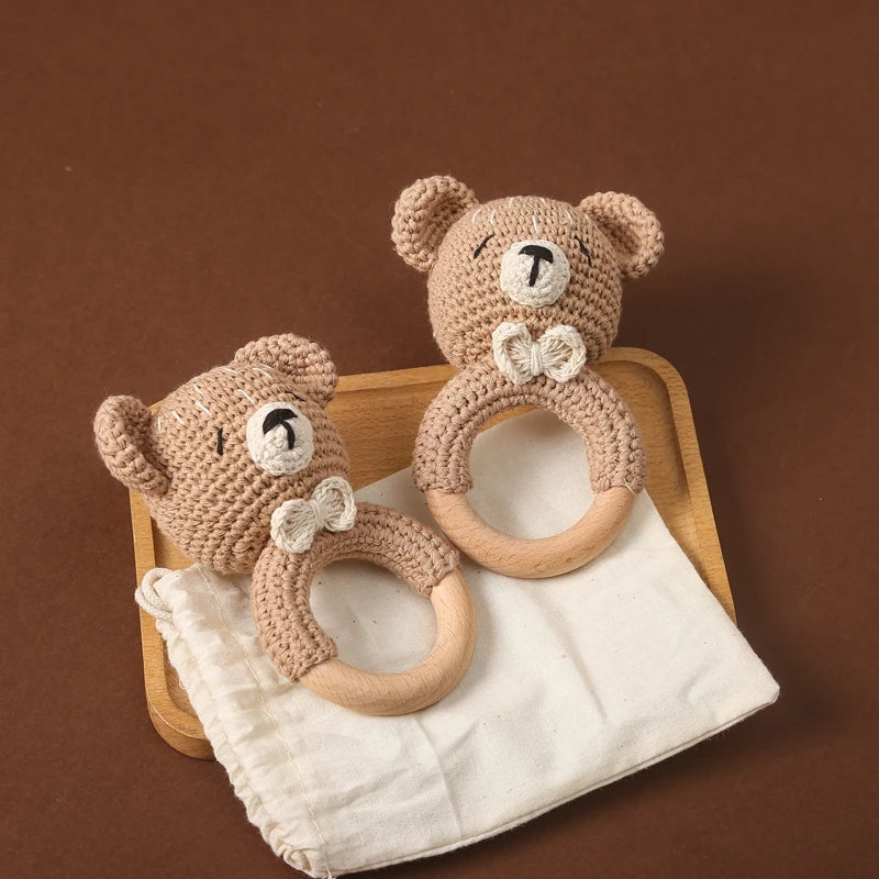 Handcrafted Wooden Crochet Animal Rattle for Babies