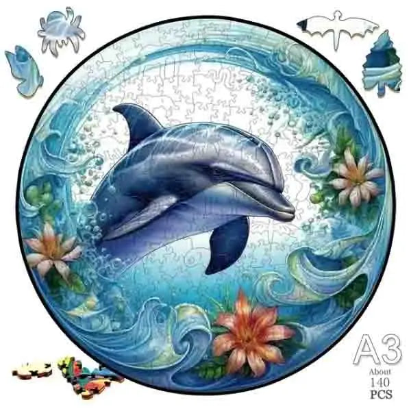 A jigsaw puzzle featuring a blue dolphin swimming in swirling blue water against a light background.