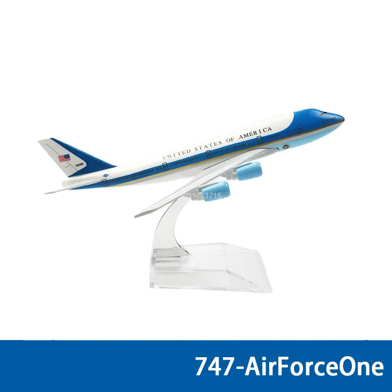 Diecast Boeing Airplane Model in blue and white with a clear stand.