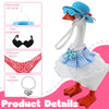 A white goose figurine costume set featuring a blue hat, sunglasses, and a pearl necklace with a blue checkered fabric skirt.