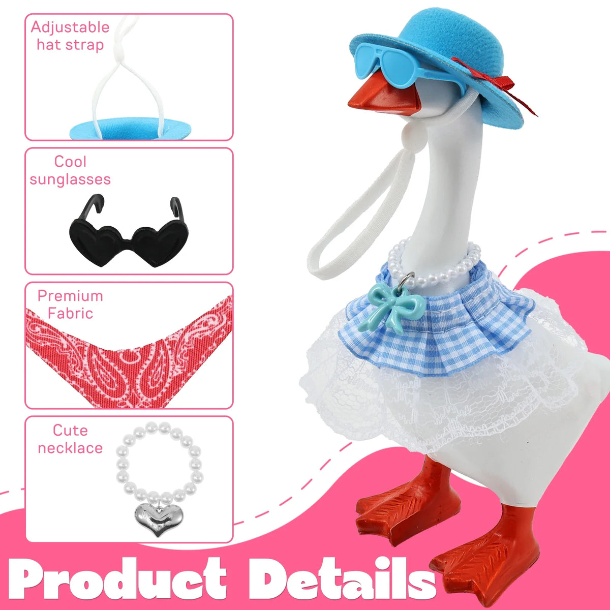 A white goose figurine costume set featuring a blue hat, sunglasses, and a pearl necklace with a blue checkered fabric skirt.