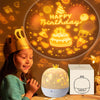 A child smiles while looking at a glowing spherical projector night light with stars and a birthday message in the background