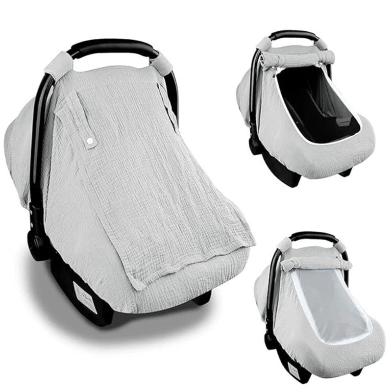 A breathable baby car seat cover with a sun shade and mosquito net shown in various angles.