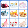 A collection of various plush cat dolls in different colors and poses with food accessories.