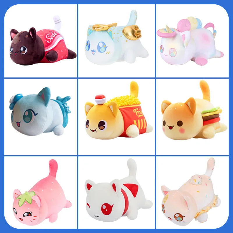 A collection of various plush cat dolls in different colors and poses with food accessories.