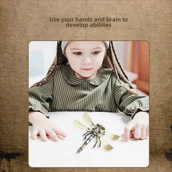 A young girl is holding a 3D metal bee and wasp puzzle on a white surface.