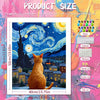 A painting of an orange cat sitting on a snowy landscape under a starry night sky, part of a DIY paint by numbers kit.