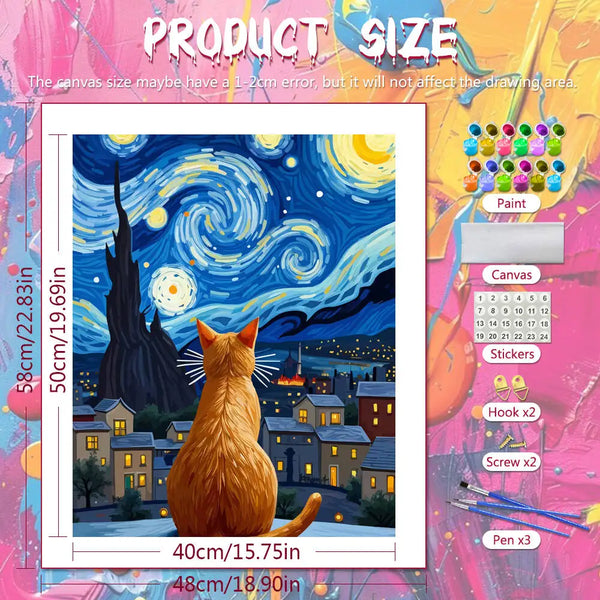 Gato naranja sentado en un paisaje nevado bajo un cielo estrellado, kit de pintura por números.