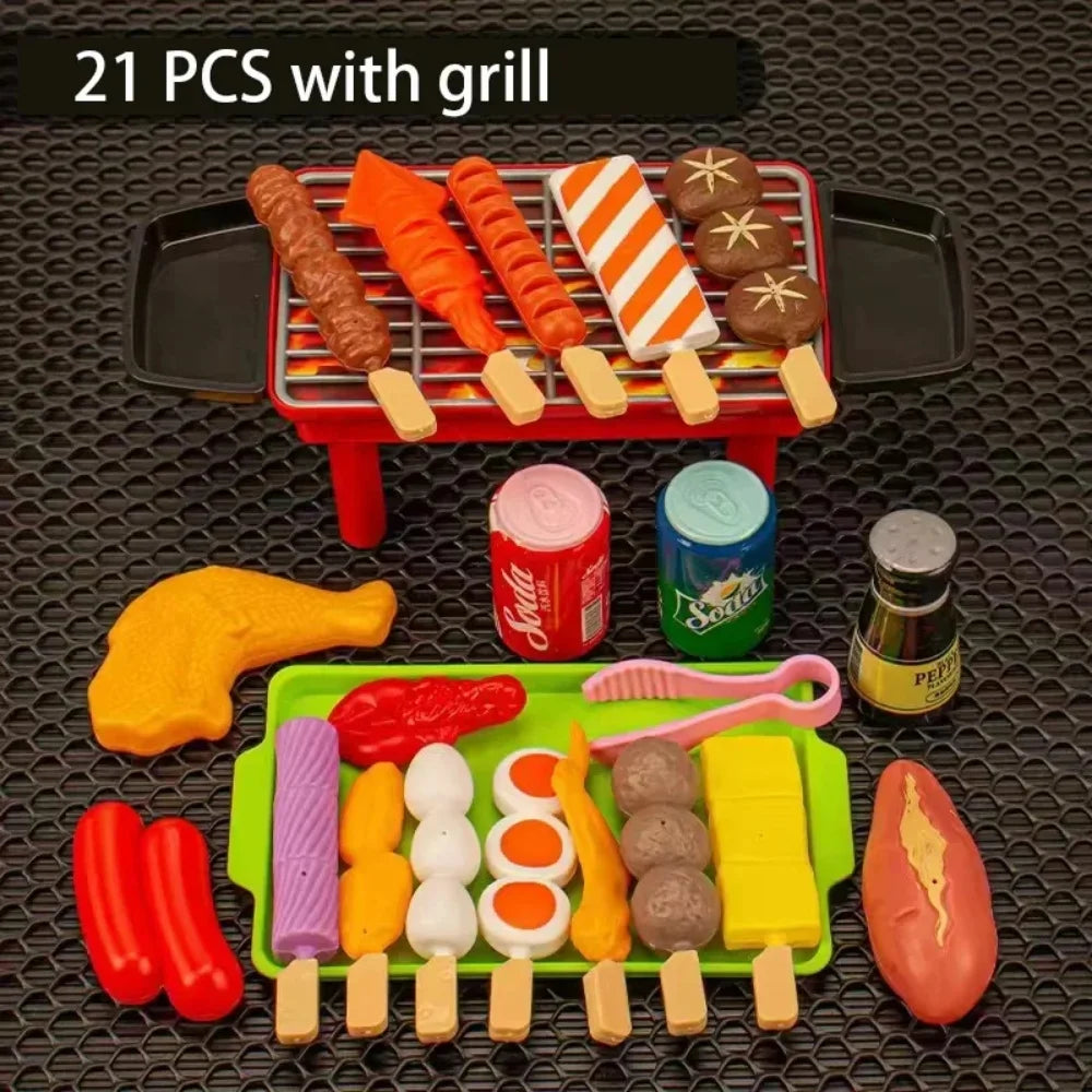 A set of 21 pieces of toy food, including sausages, peppers, and other items, displayed on a red grill tray.