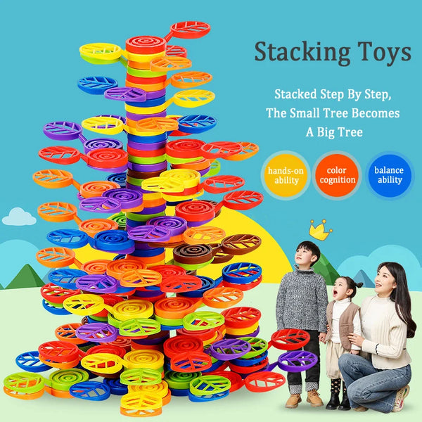 A colorful set of stacking toys shaped like a tree, featuring various colored rings for children's balance and cognitive deve