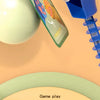 A close-up of a Cat & Mouse reaction battle board game featuring a blue and green board and a blue plastic mouse piece.