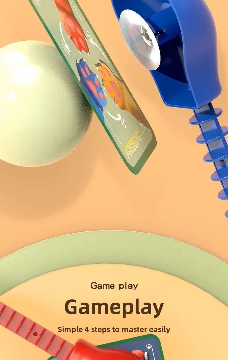 A close-up of a Cat & Mouse reaction battle board game featuring a blue and green board and a blue plastic mouse piece.