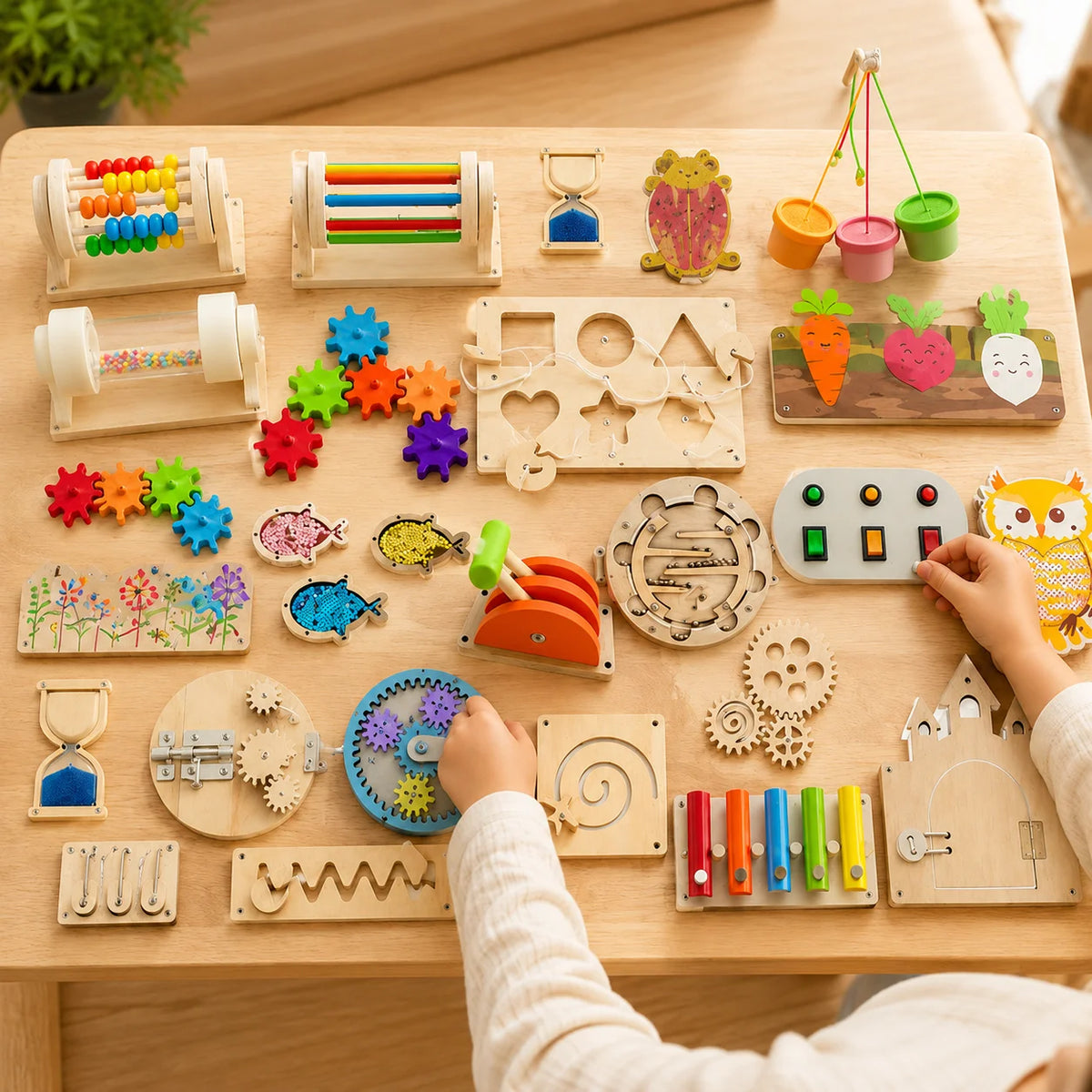 A wooden Montessori busy board for toddlers featuring various sensory activities like gears, switches, and colorful component