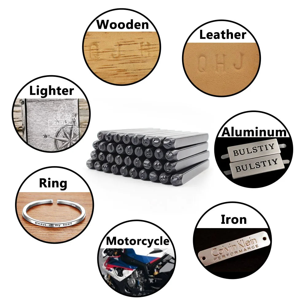A collection of 36 pieces of carbon steel number and letter stamping tools for leather, metal, and wood.