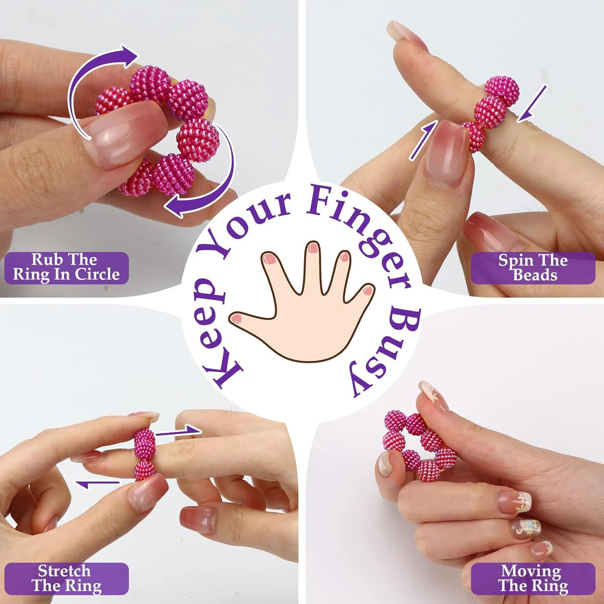 Hands demonstrate various ways to keep fingers busy with colorful beaded rings, including rubbing, spinning, stretching, and 