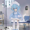 An articulated vinyl art figure of a blue-haired anime character with white clothing and a light blue dress.