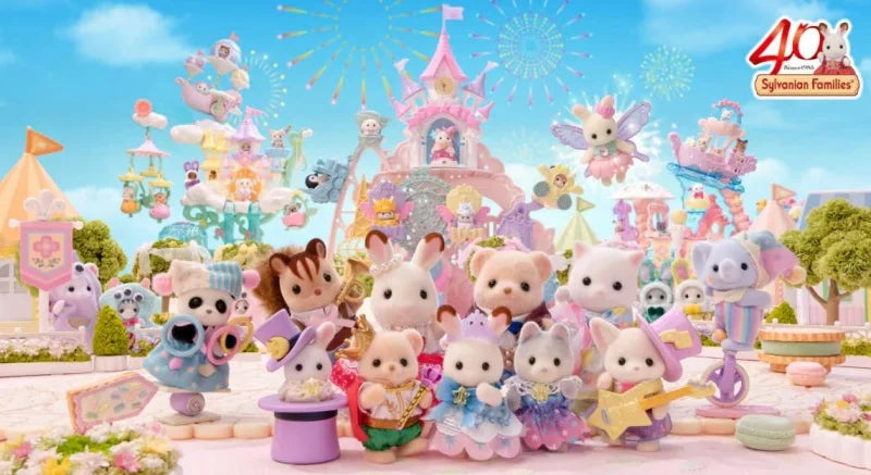 A collection of Sylvanian Families figures, including a deer family set and various animal characters, displayed in a colorfu