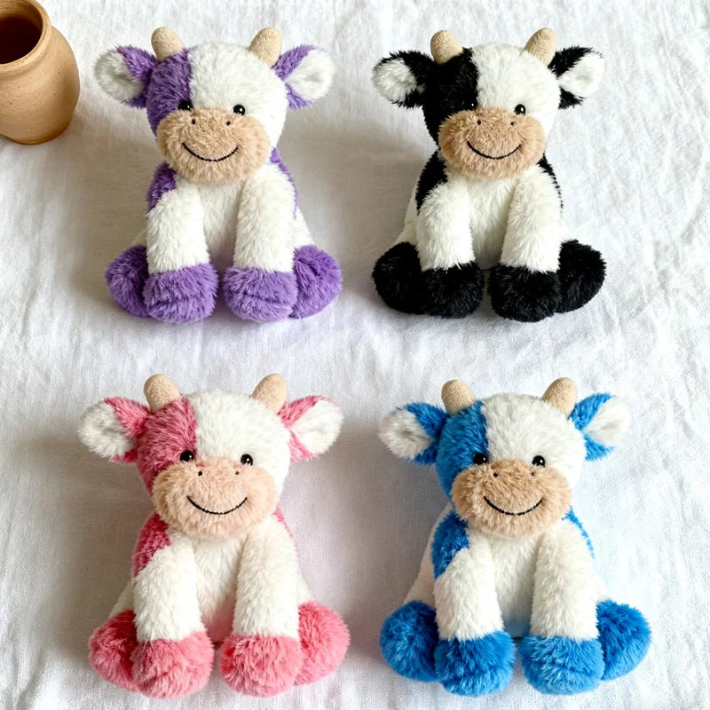 A collection of four super soft sitting cow plush toys in various colors including white, purple, black, and pink.