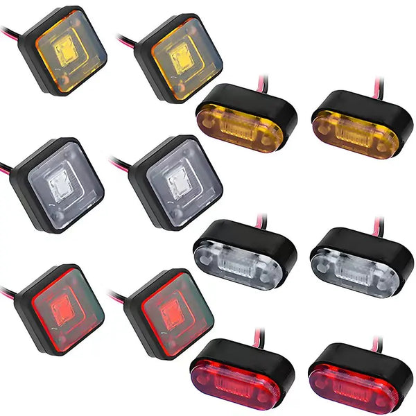 A collection of various 1:14 scale LED warning lights for RC trucks in black housing.