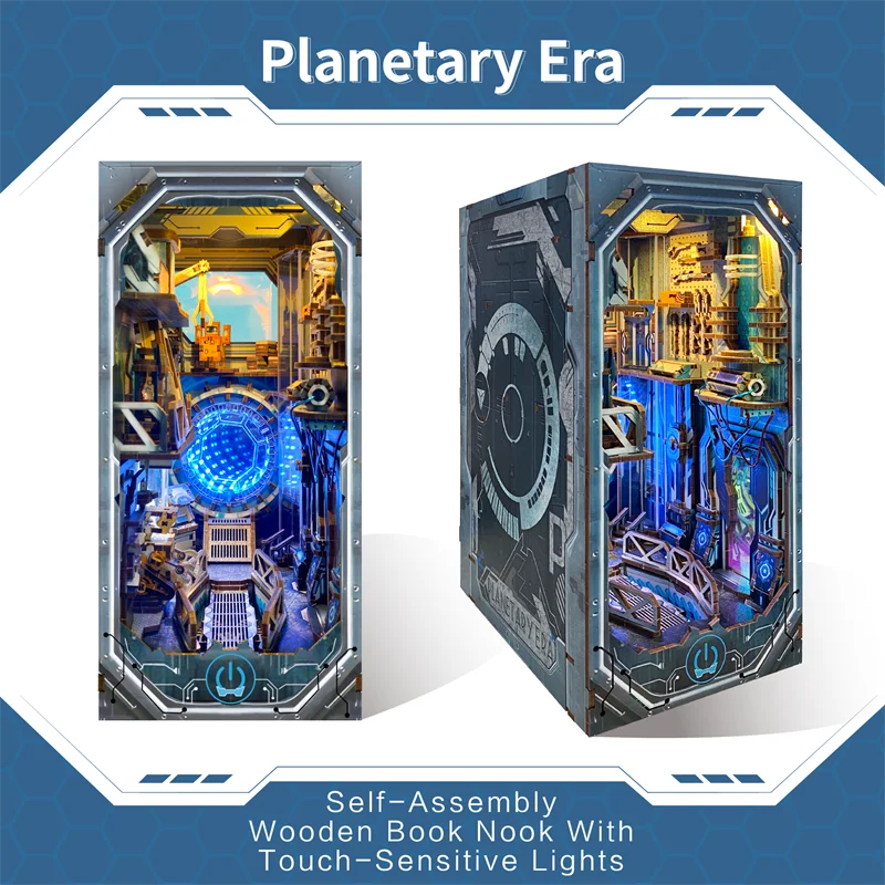 Self-assembly wooden book nook model kit with touch-sensitive lights depicting a futuristic planetary era scene.