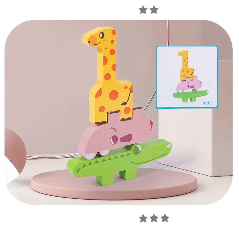 A set of wooden animal stacking blocks featuring a yellow giraffe, a pink dinosaur, and a green crocodile, displayed with mat