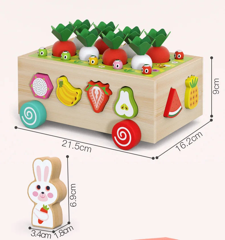 A wooden shape-matching toy featuring various vegetable shapes like radishes, peppers, and fruits arranged in a tray.