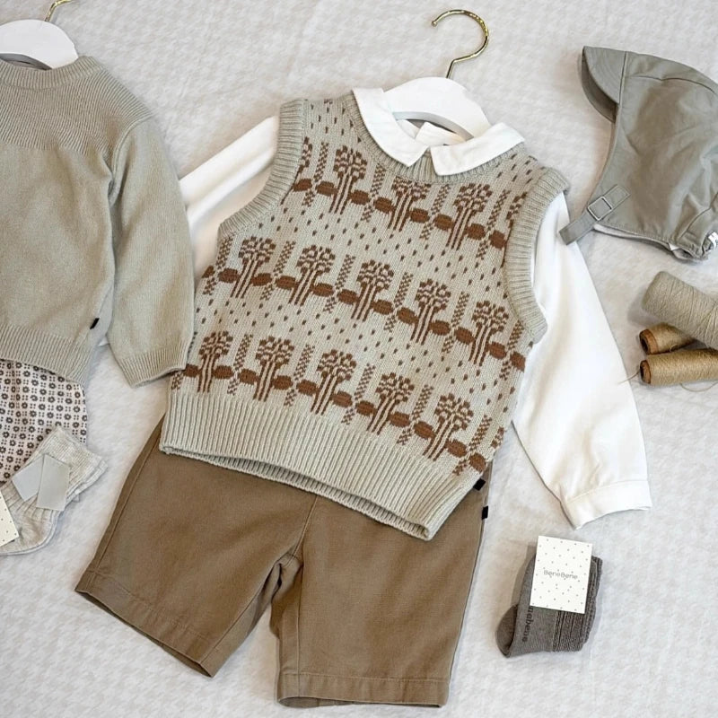 A beige knit sweater and matching tan pants set for a toddler, displayed on a light background.