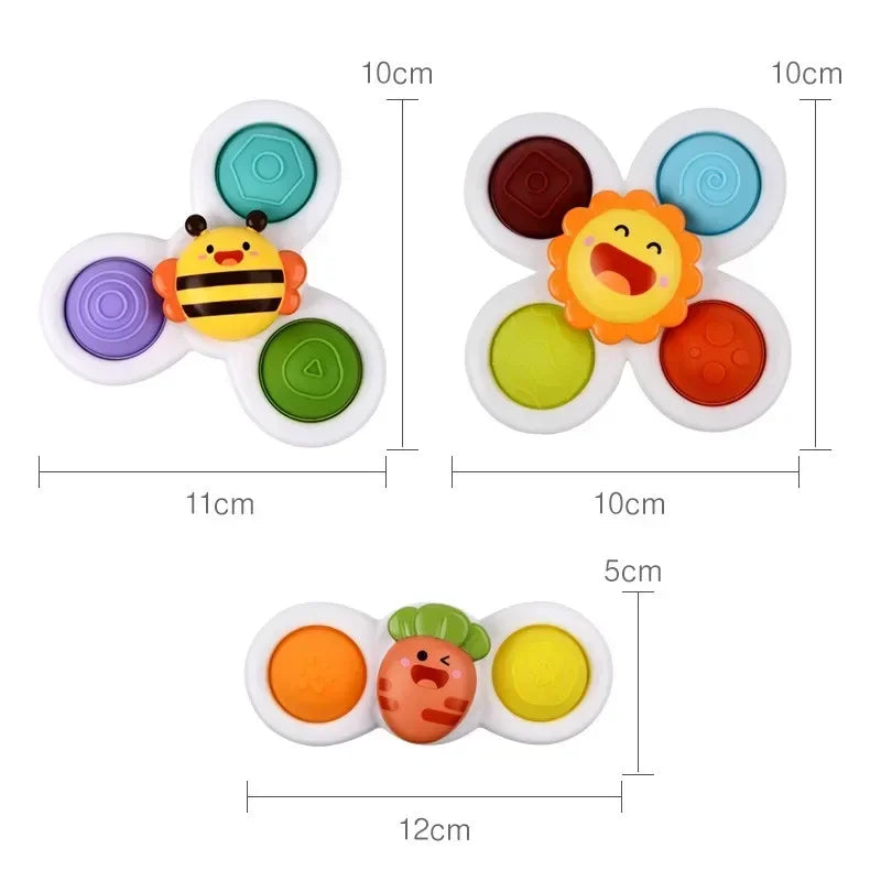 A set of three suction cup spinner bath toys featuring various colored fruit and animal shapes for babies.