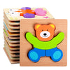 A wooden puzzle featuring a bear shape and various colorful wooden shapes for children's learning.