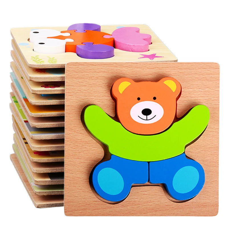 A wooden puzzle featuring a bear shape and various colorful wooden shapes for children's learning.