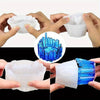 Hands demonstrate a crystal silicone candle mold used for DIY resin crafts, showing the mold and finished blue crystal pieces
