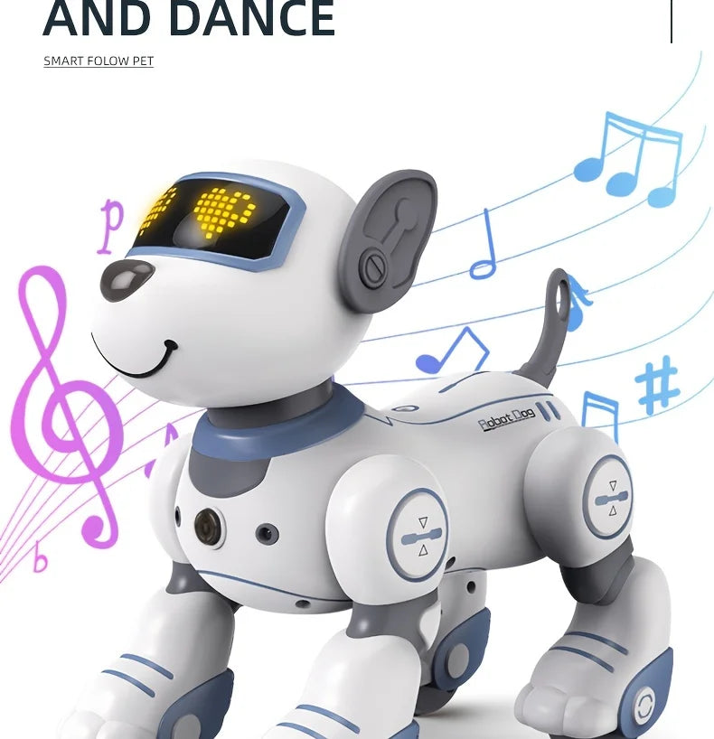 Un chien robot blanc avec un viseur transparent et des notes de musique bleues flottantes.