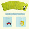 A set of ten lime green flash cards featuring transportation products like a car and a clock.