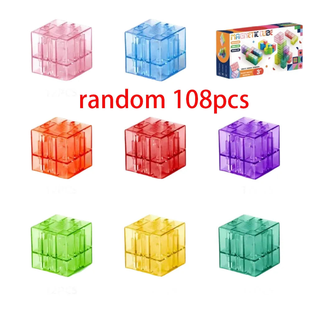 A collection of 108 transparent magnetic building blocks in various colors including pink, blue, red, purple, and green.