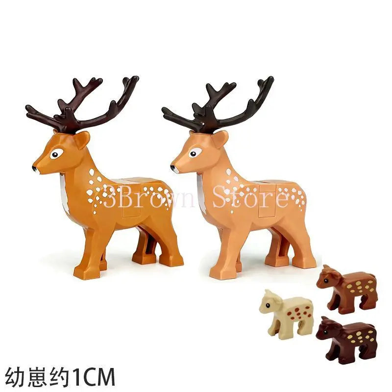 A set of six wooden African wildlife animal building blocks, including a deer and a lion, for kids and collectors.