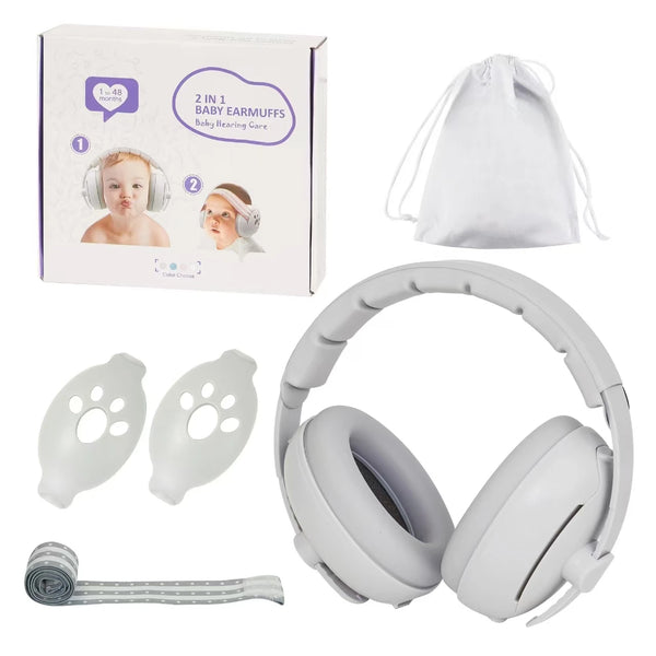 A set of 2-in-1 adjustable baby earmuffs includes a storage pouch and headphones with a headband.