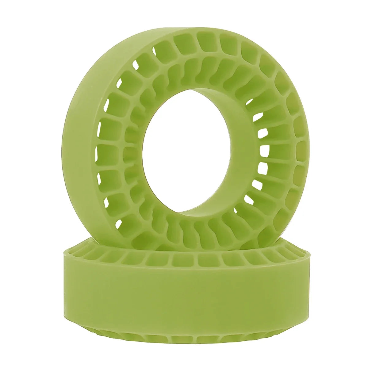 A light green silicone rubber tire insert with a honeycomb pattern, shown resting on its base.