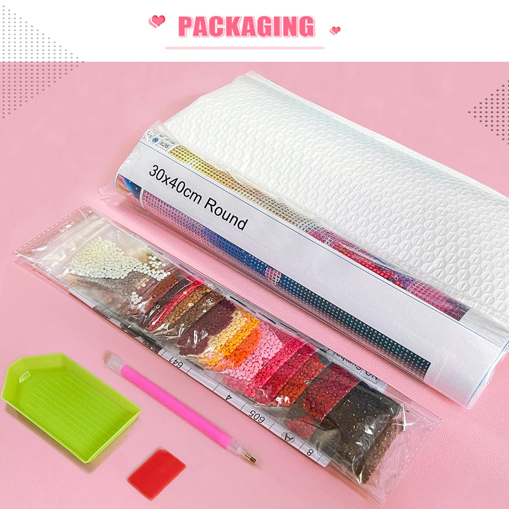 Diamond painting kit packaging showing a white sheet of rhinestones and a green tray.