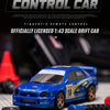 A blue 1:43 scale RC drift car with LED lights is shown in a studio setting.