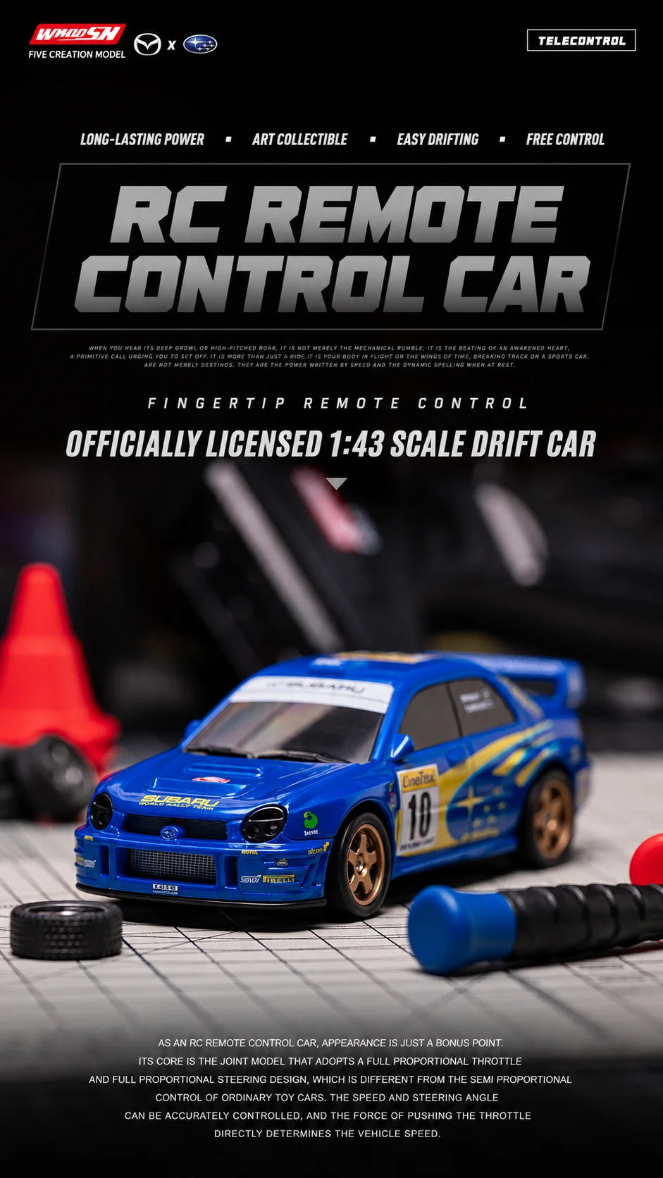A blue 1:43 scale RC drift car with LED lights is shown in a studio setting.
