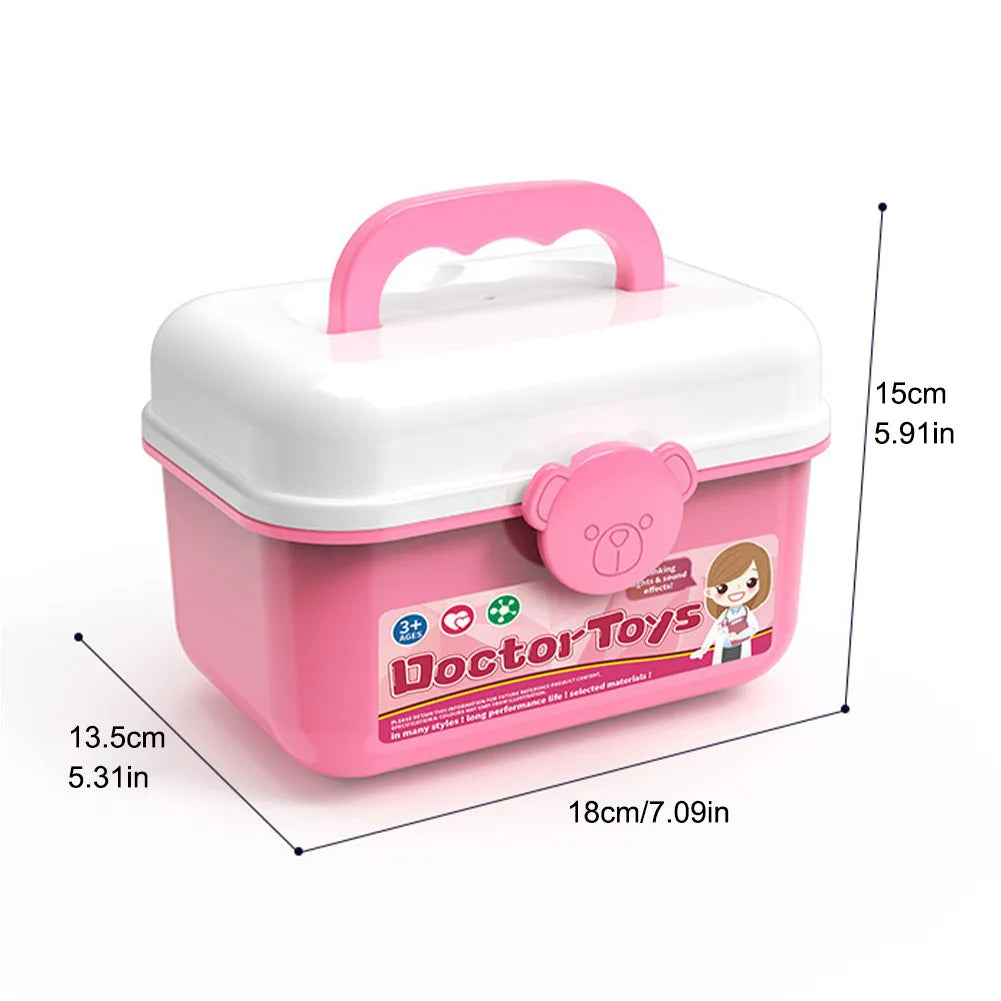 Pink doctor toy box with a lid and medical tools for pretend play