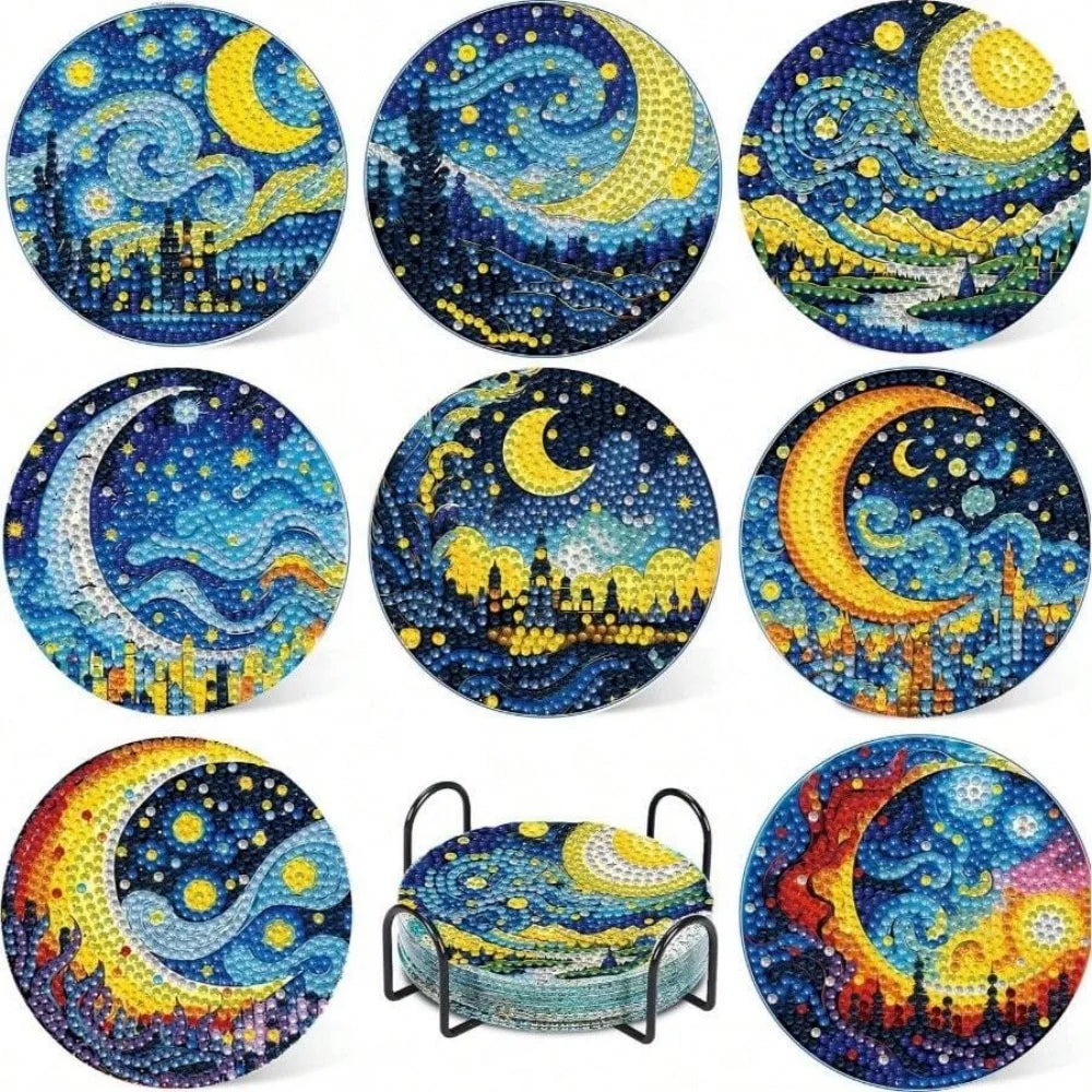 A set of eight DIY diamond art coasters featuring celestial and landscape designs with a holder.