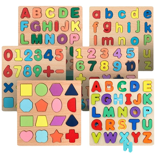A set of wooden geometric shape puzzles featuring letters and numbers for children