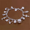Silver Tone Crystal Charm Bracelet with Thirteen Pendants
